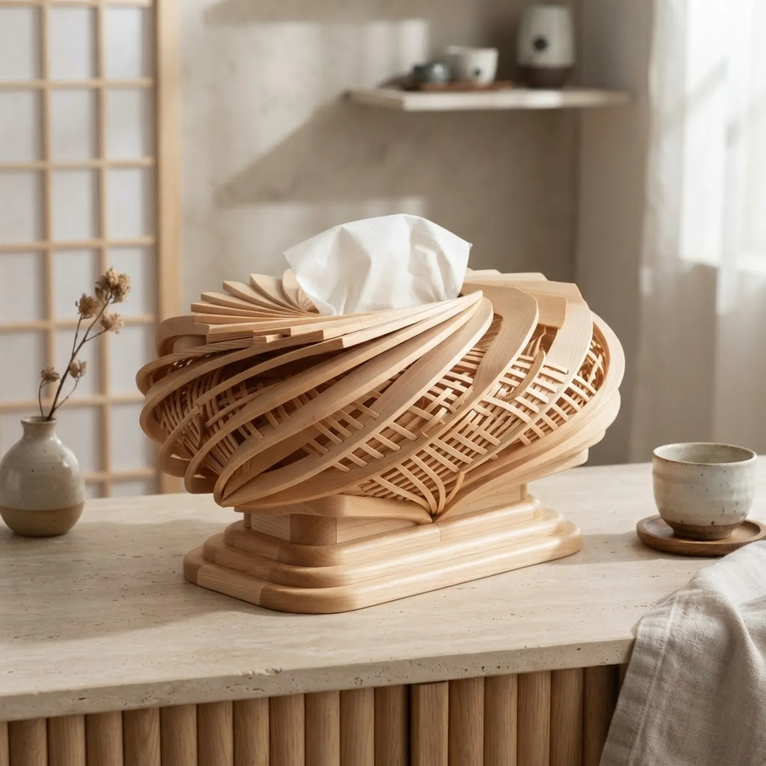 Wooden Kyoto Imperial Fan Weave Tissue Box Traditional Japanese Architectural Decor