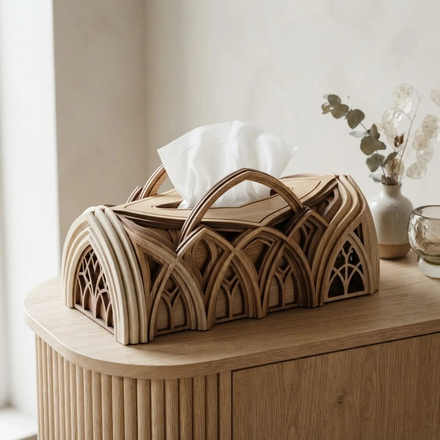 Wooden Prague Gothic Bloom Tissue Box Historic Central European Architectural Decor