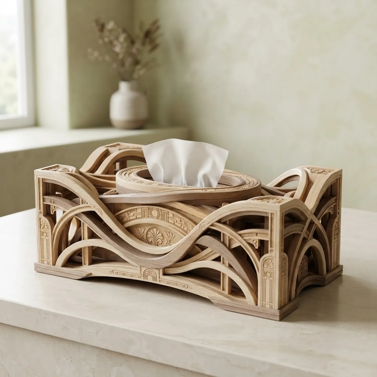 Wooden Vienna Secession Spiral Tissue Box Austrian Architectural Elegance Accent Decor