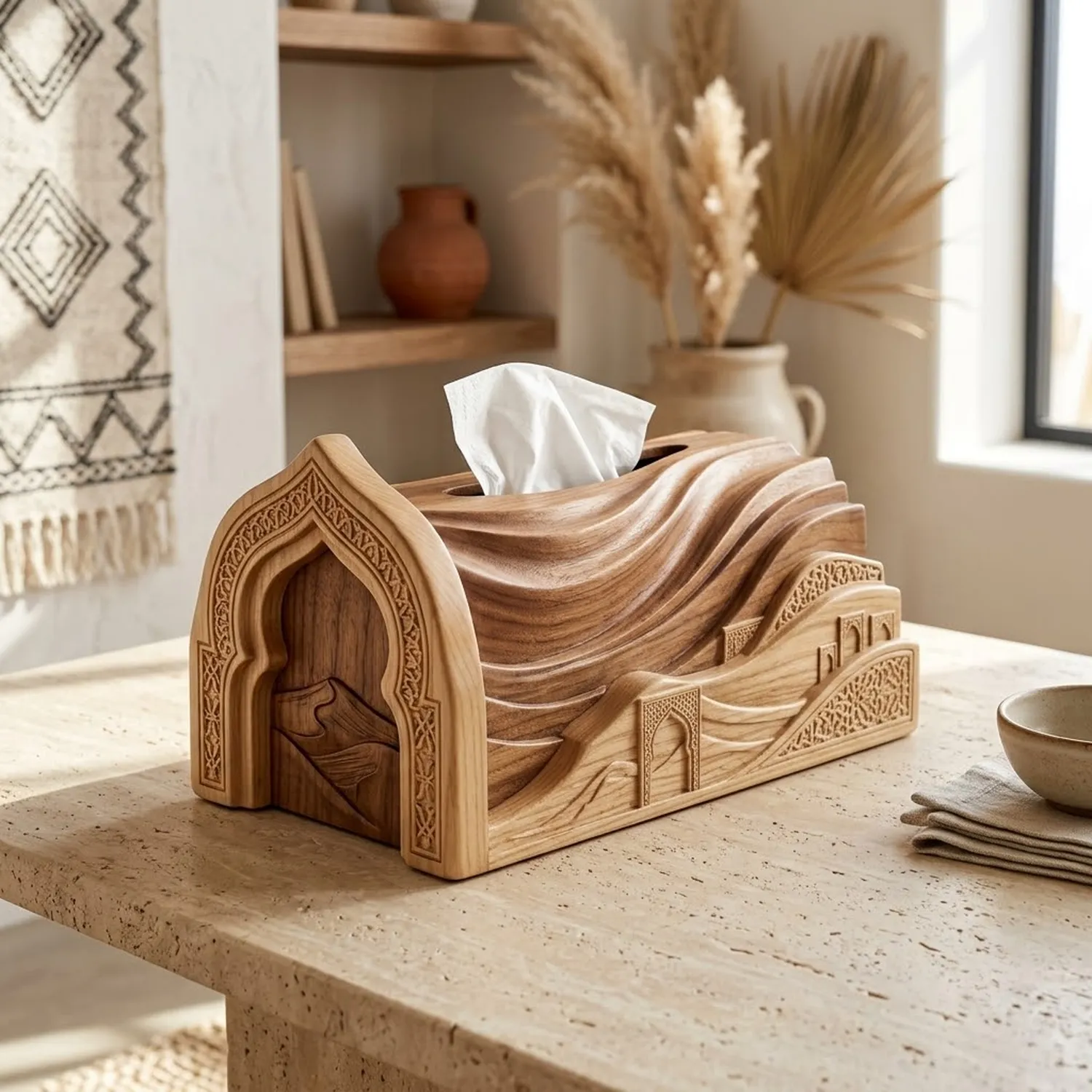 Wooden Moroccan Desert Arch Tissue Box Exotic Architectural Style Home Decor