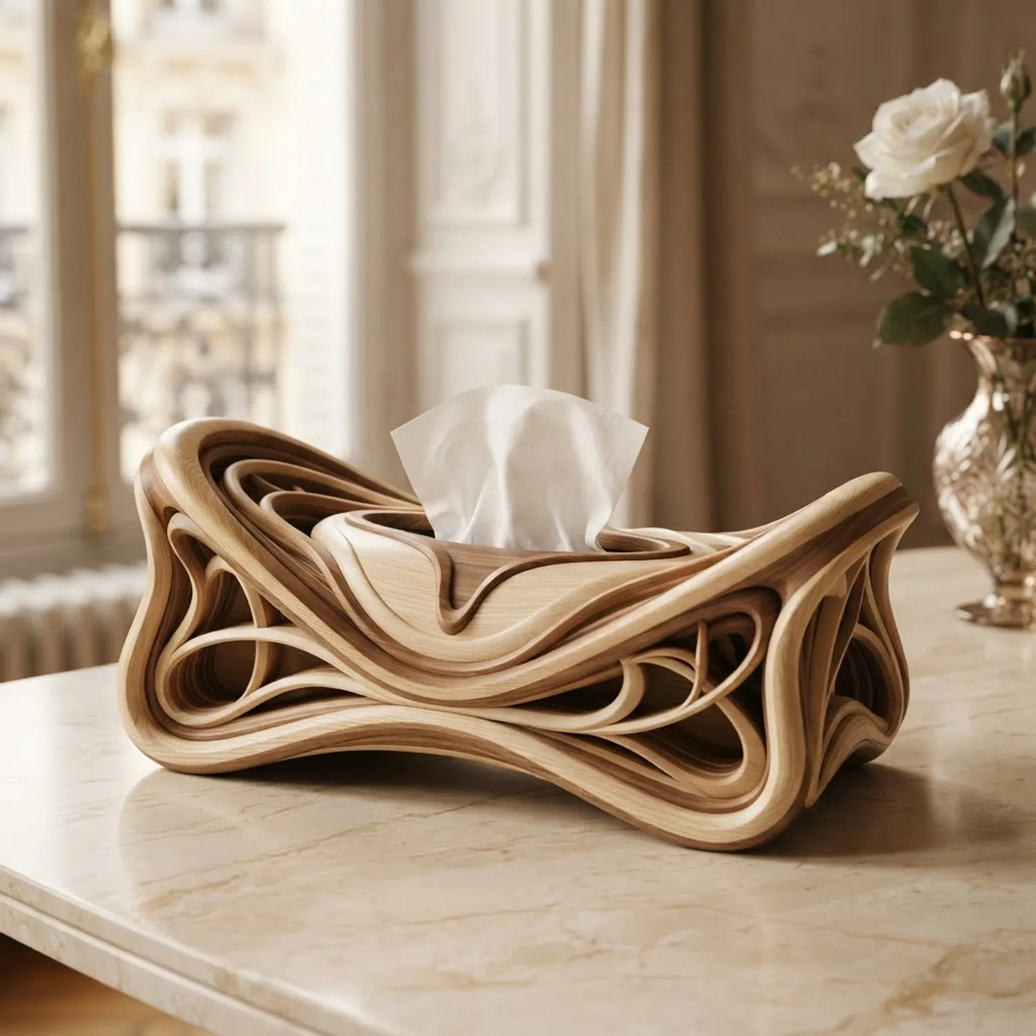 Wooden Parisian Art Nouveau Tissue Box Vintage French Elegance Accent Decor