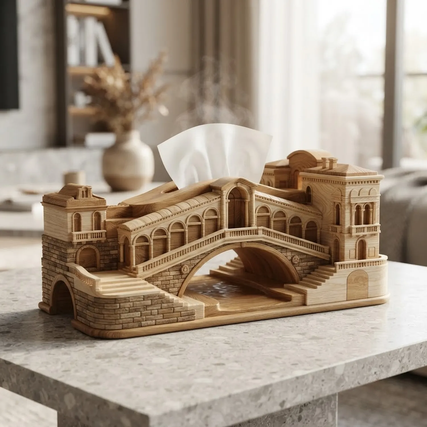 Wooden Venice Grand Canal Tissue Box Venetian Waterway Architectural Accent Decor
